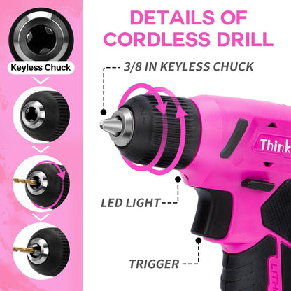 8V Pink Cordless Drill Set, 56 Pcs Power Drill Tool Set for Women