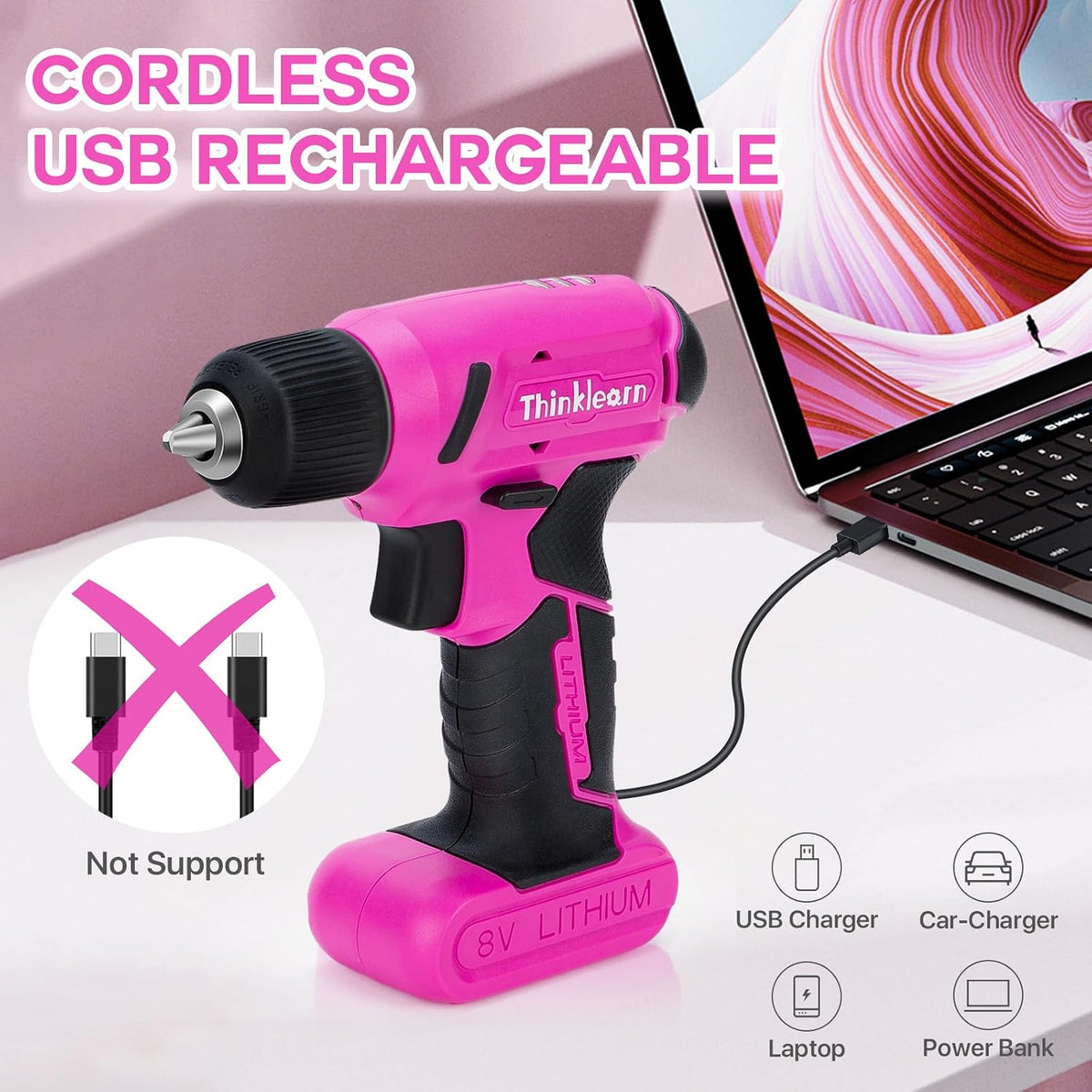 8V Pink Cordless Drill Set, 56 Pcs Power Drill Tool Set for Women