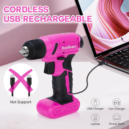 8V Pink Cordless Drill Set, 56 Pcs Power Drill Tool Set for Women