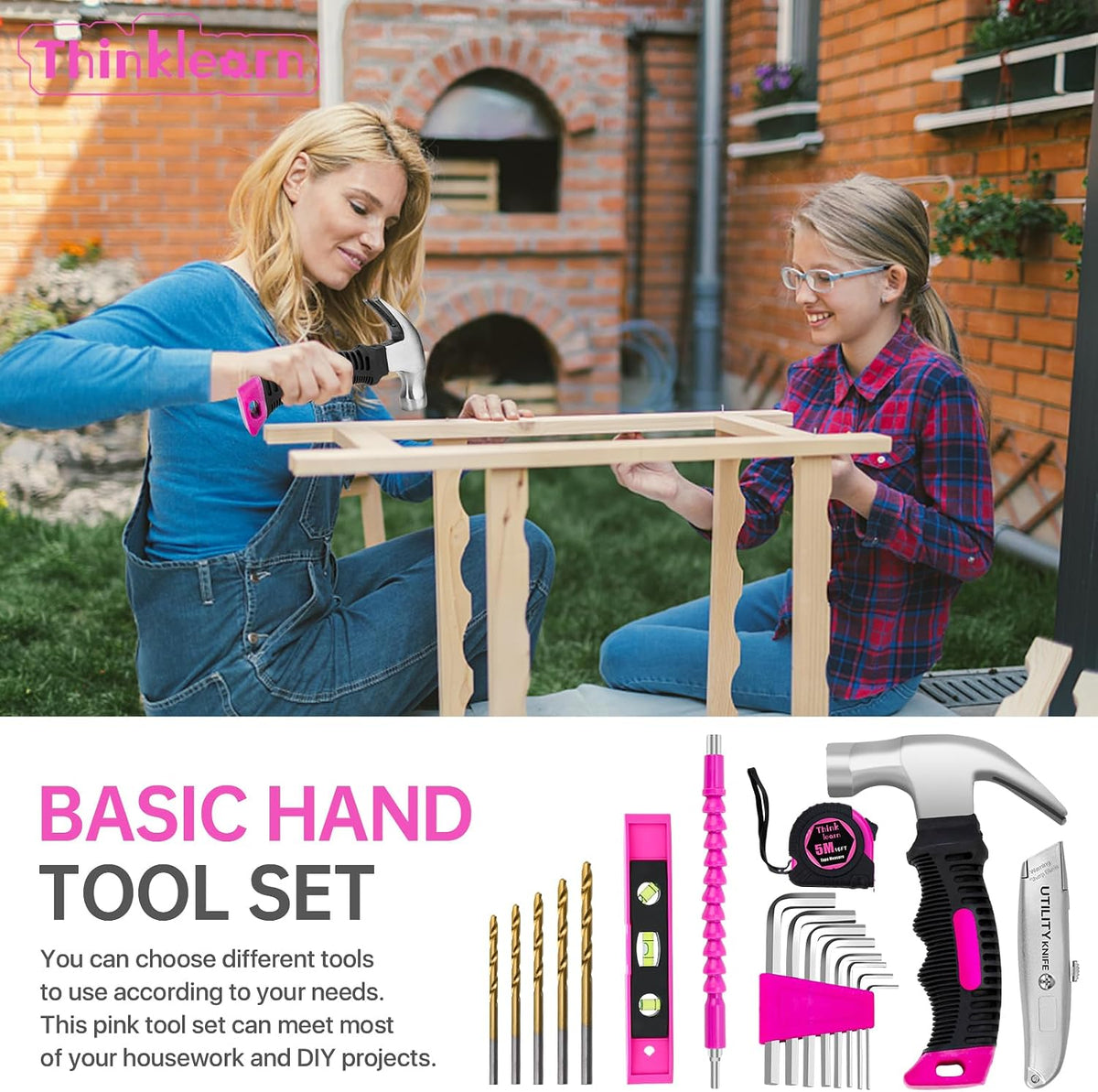 8V Pink Cordless Drill Set, 56 Pcs Power Drill Tool Set for Women