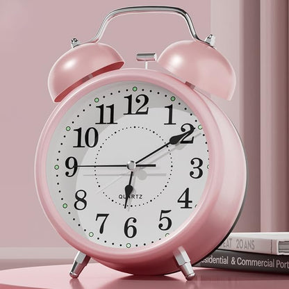 4 Inches Analog Alarm Clocks Retro Backlight Cute Simple Design with Night Light Silent Non-Ticking Battery Operated [Pink]