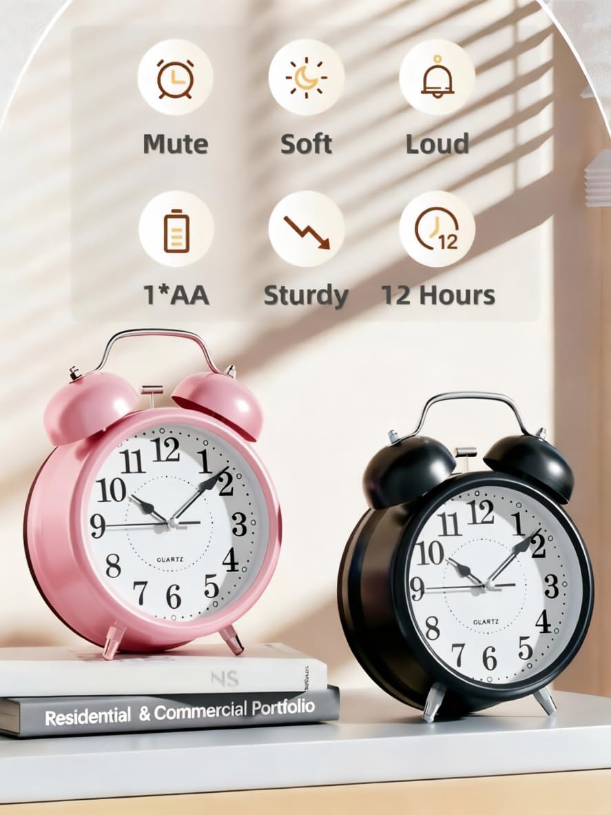 4 Inches Analog Alarm Clocks Retro Backlight Cute Simple Design with Night Light Silent Non-Ticking Battery Operated [Pink]