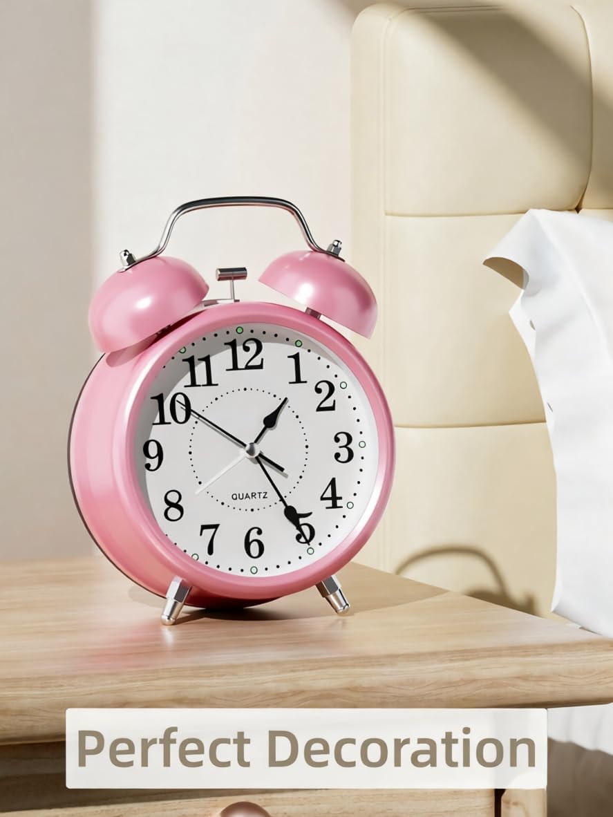 4 Inches Analog Alarm Clocks Retro Backlight Cute Simple Design with Night Light Silent Non-Ticking Battery Operated [Pink]