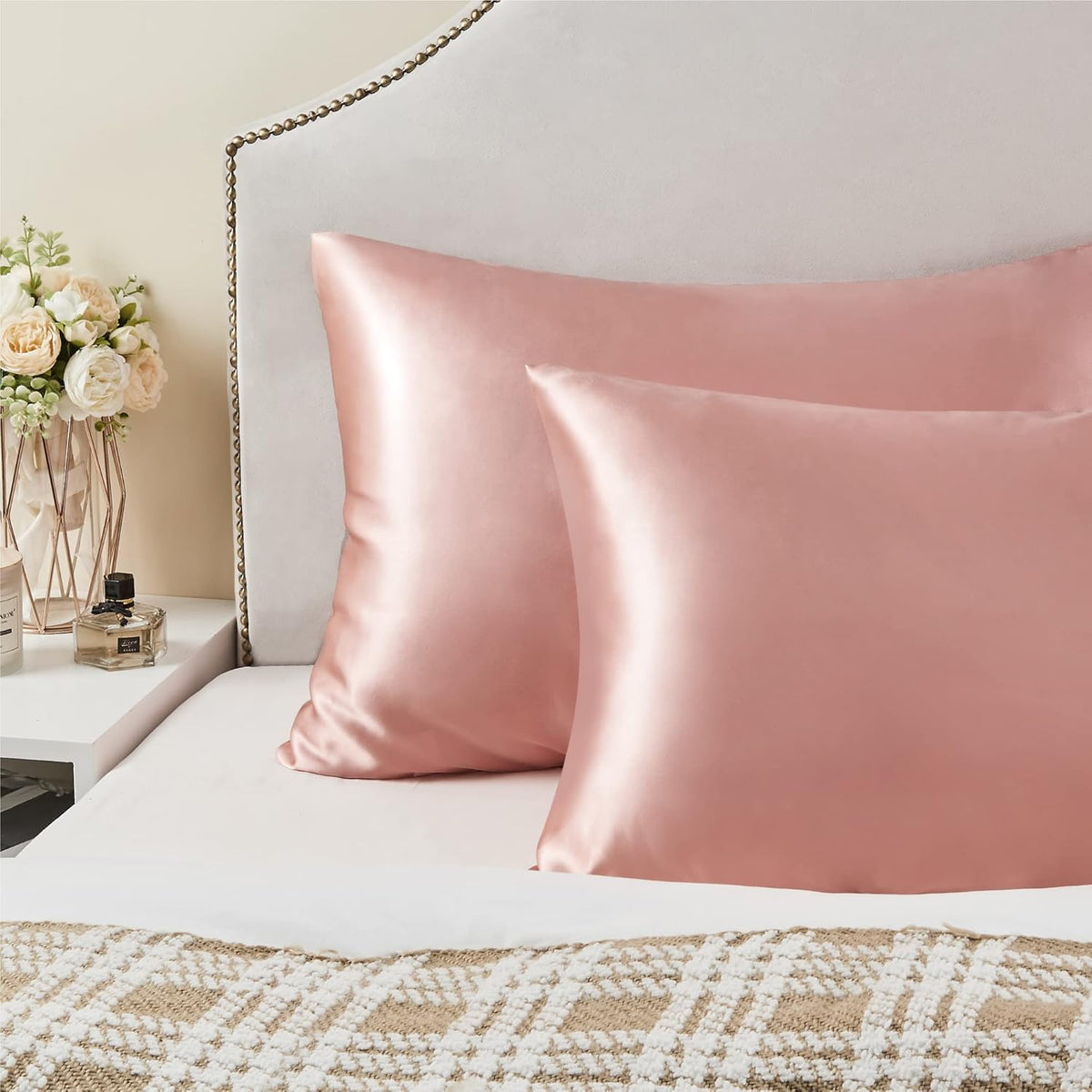 Zipper Satin Pillowcases, Standard Size 20"x26", Rose Pink, 2Pcs