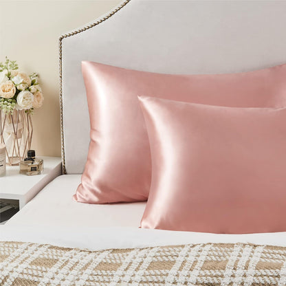 Zipper Satin Pillowcases, Standard Size 20"x26", Rose Pink, 2Pcs