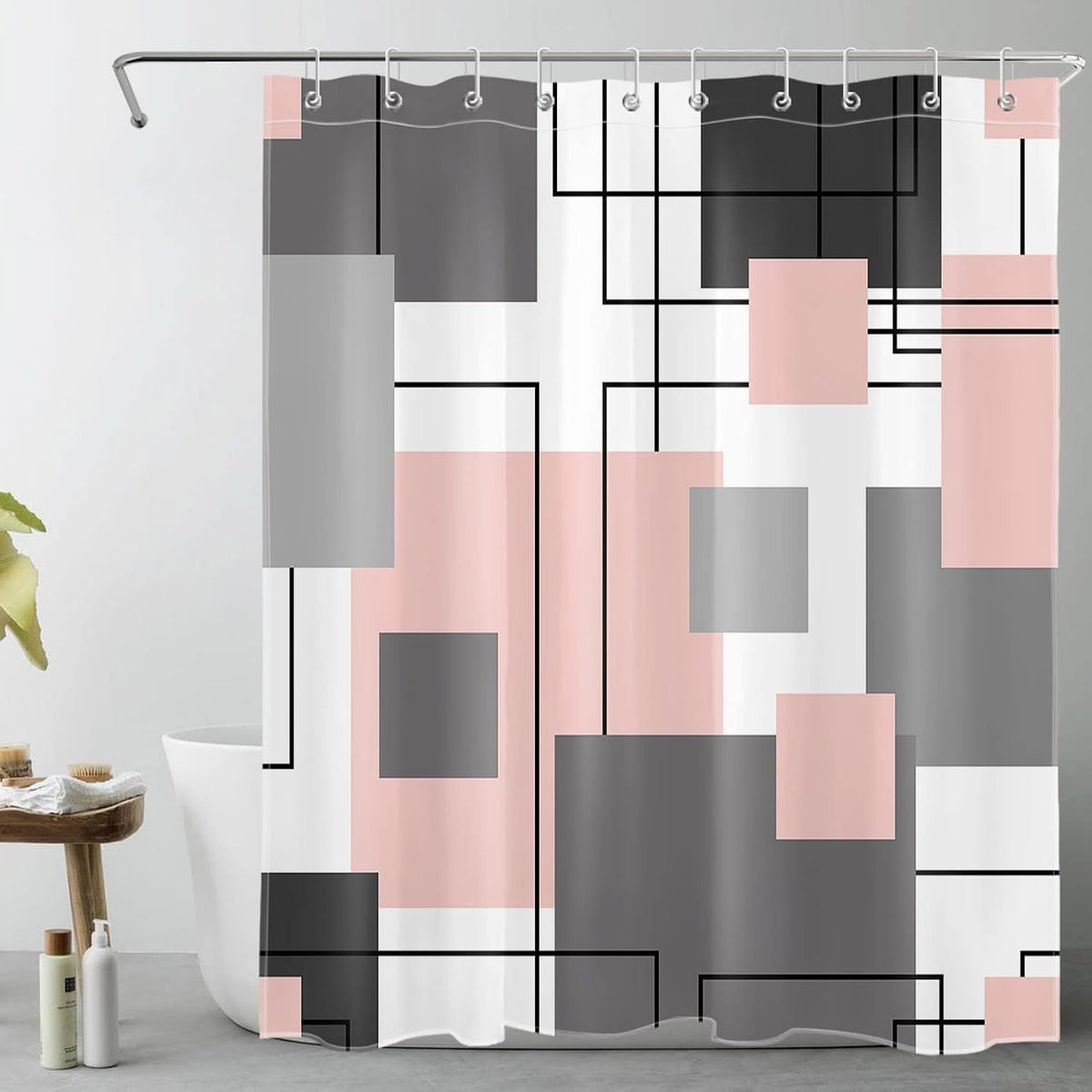 Black and White Geometric Shower Curtain Decor, Abstract Mid Century Grey and Pink Shower Curtains for Bathroom 60X72 inch Polyester Fabric Bathroom Decoration Bath Curtains Hooks Included