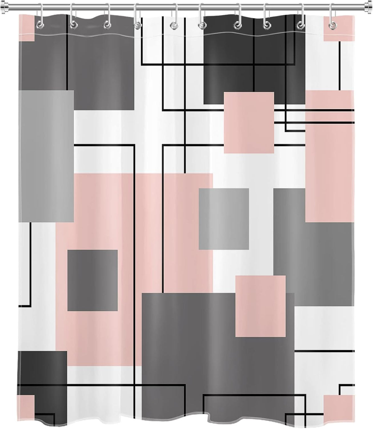 Black and White Geometric Shower Curtain Decor, Abstract Mid Century Grey and Pink Shower Curtains for Bathroom 60X72 inch Polyester Fabric Bathroom Decoration Bath Curtains Hooks Included
