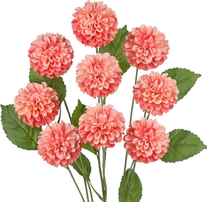 27.6" Pink Artificial Dahlia Flowers 3Pcs Fake Roses Bouquet Ball Dahlia Flower Arrangement Faux Pincushion Flower with 3 Heads Long Stem for Centerpiece Home Decor