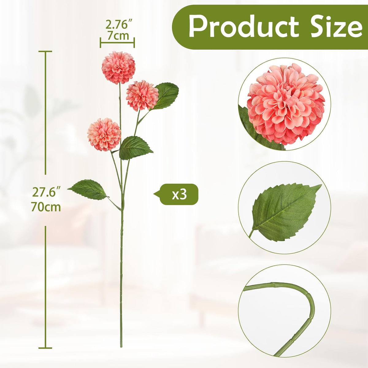 27.6" Pink Artificial Dahlia Flowers 3Pcs Fake Roses Bouquet Ball Dahlia Flower Arrangement Faux Pincushion Flower with 3 Heads Long Stem for Centerpiece Home Decor