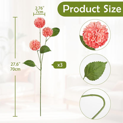27.6" Pink Artificial Dahlia Flowers 3Pcs Fake Roses Bouquet Ball Dahlia Flower Arrangement Faux Pincushion Flower with 3 Heads Long Stem for Centerpiece Home Decor