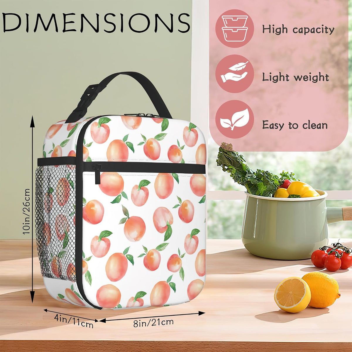 Pink Peach Lunch Tote for Girls Women, Cute Insulated Lunch Bag