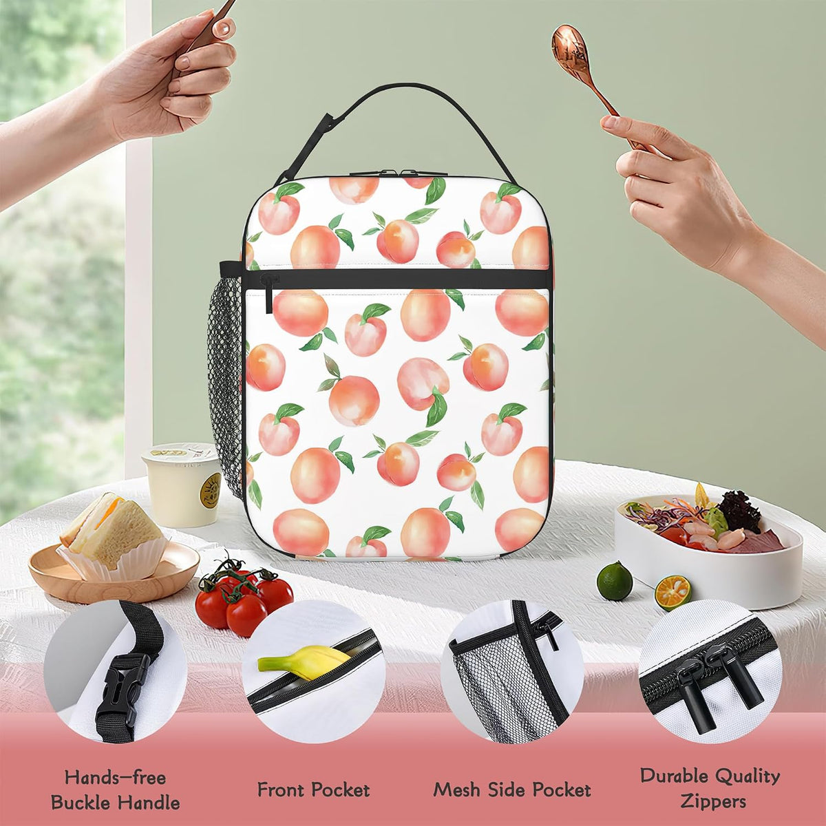 Pink Peach Lunch Tote for Girls Women, Cute Insulated Lunch Bag