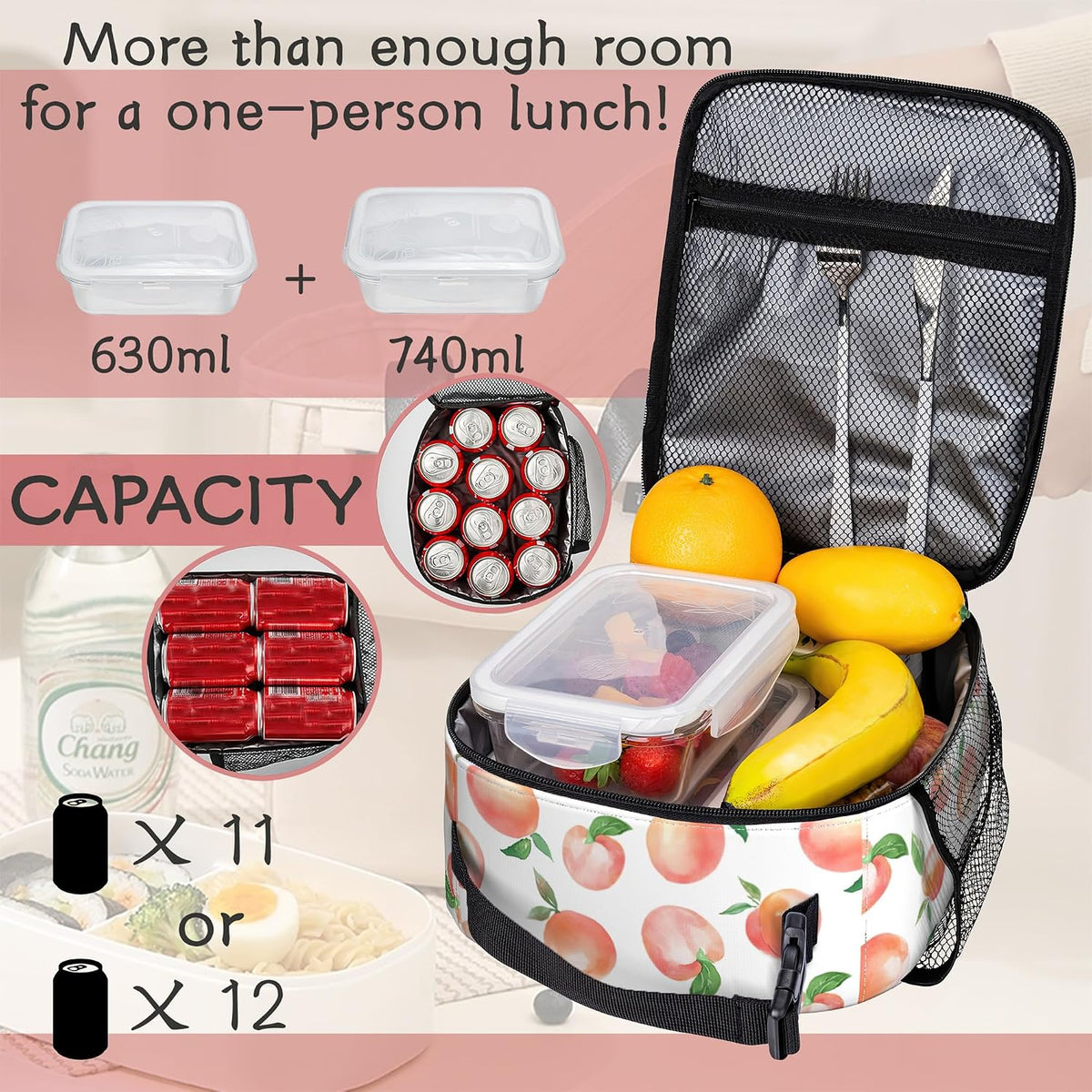 Pink Peach Lunch Tote for Girls Women, Cute Insulated Lunch Bag