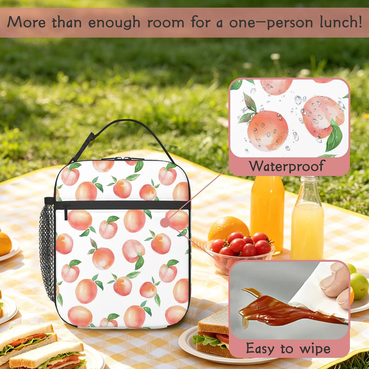 Pink Peach Lunch Tote for Girls Women, Cute Insulated Lunch Bag