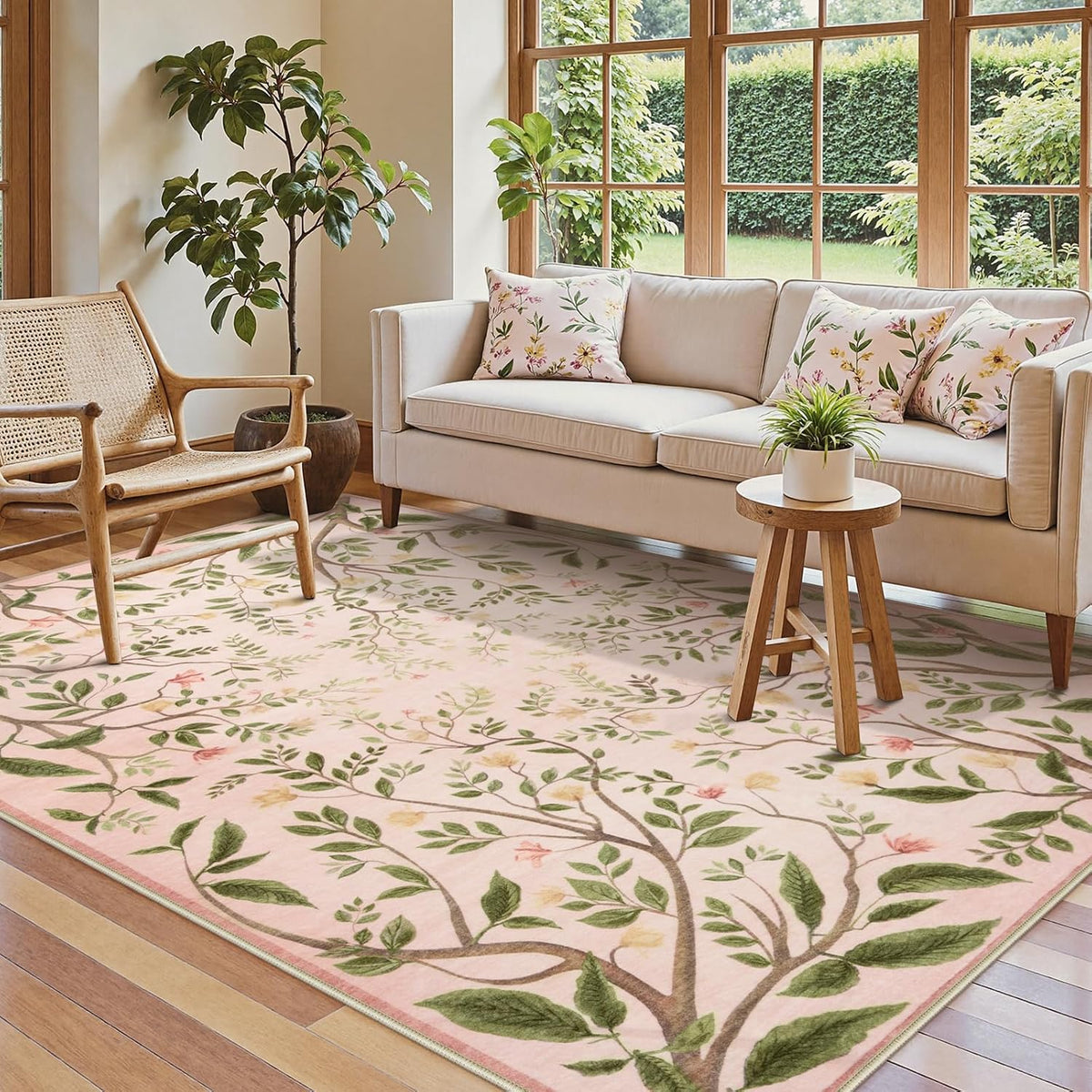 Washable Area Rugs for Living Room, 5x7 Pink Rugs for Bedroom Girls, Floral Botanical Flourishing Vines Rug Soft Non-Slip Stain Resistant Boho Carpet for Nursery Dining Room Office