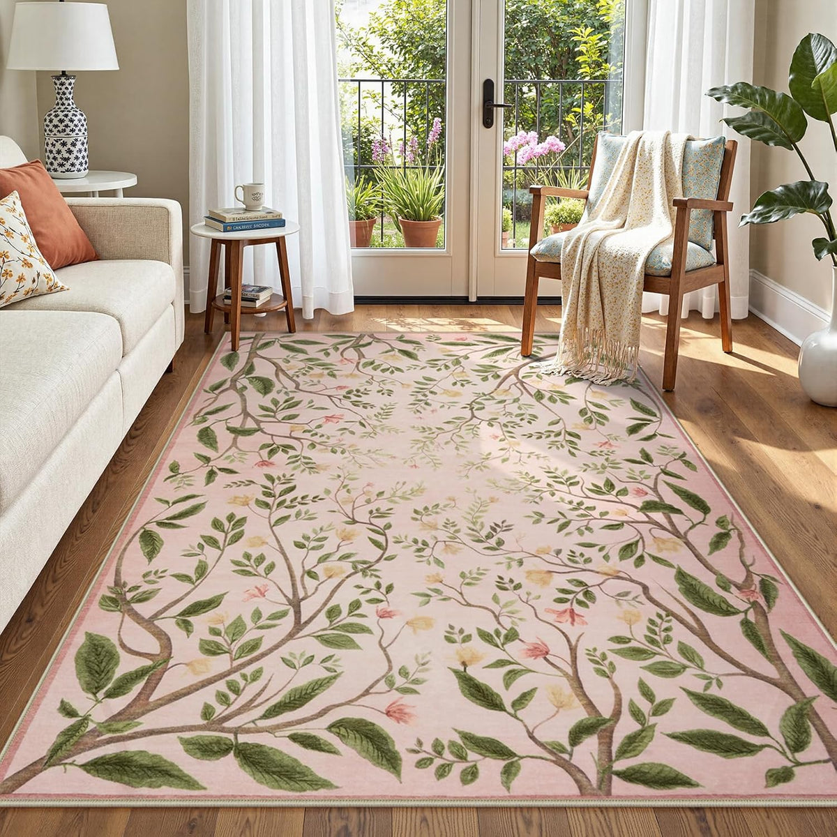 Washable Area Rugs for Living Room, 5x7 Pink Rugs for Bedroom Girls, Floral Botanical Flourishing Vines Rug Soft Non-Slip Stain Resistant Boho Carpet for Nursery Dining Room Office