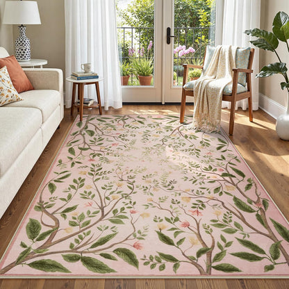 Washable Area Rugs for Living Room, 5x7 Pink Rugs for Bedroom Girls, Floral Botanical Flourishing Vines Rug Soft Non-Slip Stain Resistant Boho Carpet for Nursery Dining Room Office