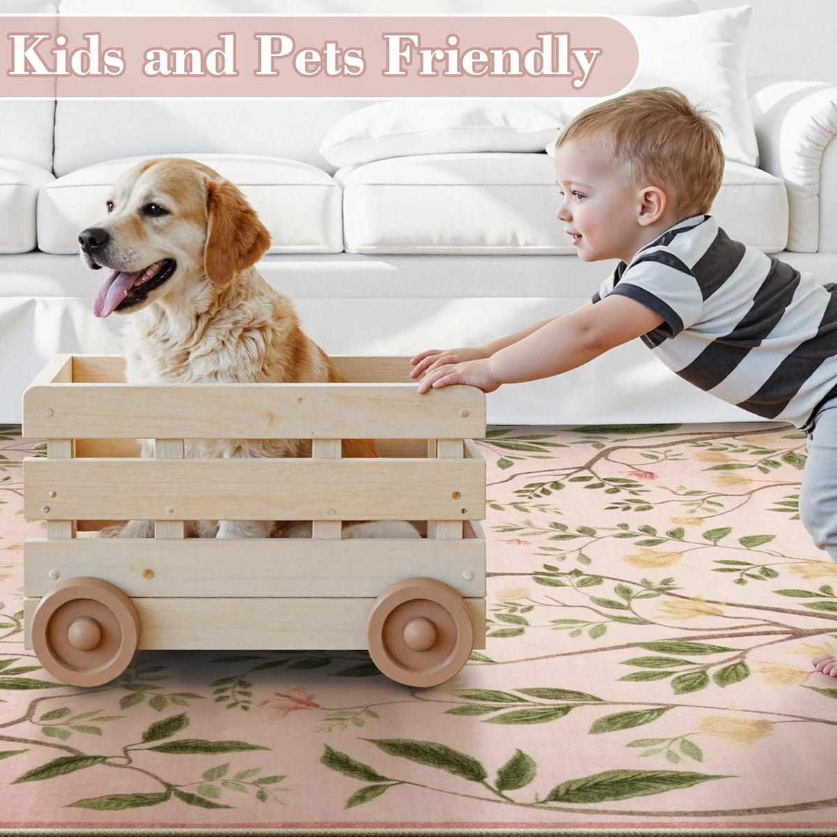 Washable Area Rugs for Living Room, 5x7 Pink Rugs for Bedroom Girls, Floral Botanical Flourishing Vines Rug Soft Non-Slip Stain Resistant Boho Carpet for Nursery Dining Room Office