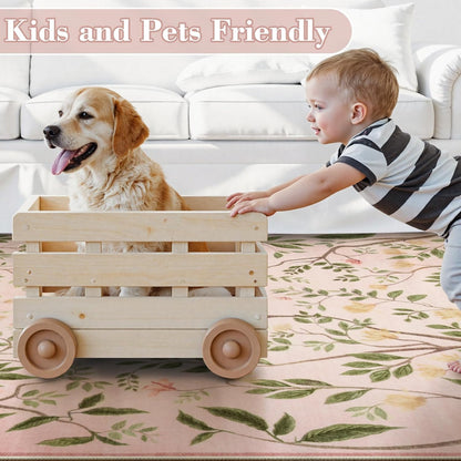 Washable Area Rugs for Living Room, 5x7 Pink Rugs for Bedroom Girls, Floral Botanical Flourishing Vines Rug Soft Non-Slip Stain Resistant Boho Carpet for Nursery Dining Room Office