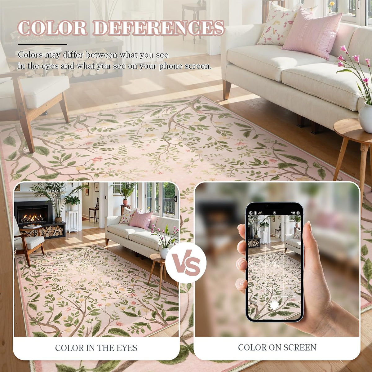 Washable Area Rugs for Living Room, 5x7 Pink Rugs for Bedroom Girls, Floral Botanical Flourishing Vines Rug Soft Non-Slip Stain Resistant Boho Carpet for Nursery Dining Room Office