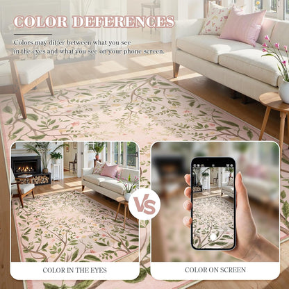 Washable Area Rugs for Living Room, 5x7 Pink Rugs for Bedroom Girls, Floral Botanical Flourishing Vines Rug Soft Non-Slip Stain Resistant Boho Carpet for Nursery Dining Room Office
