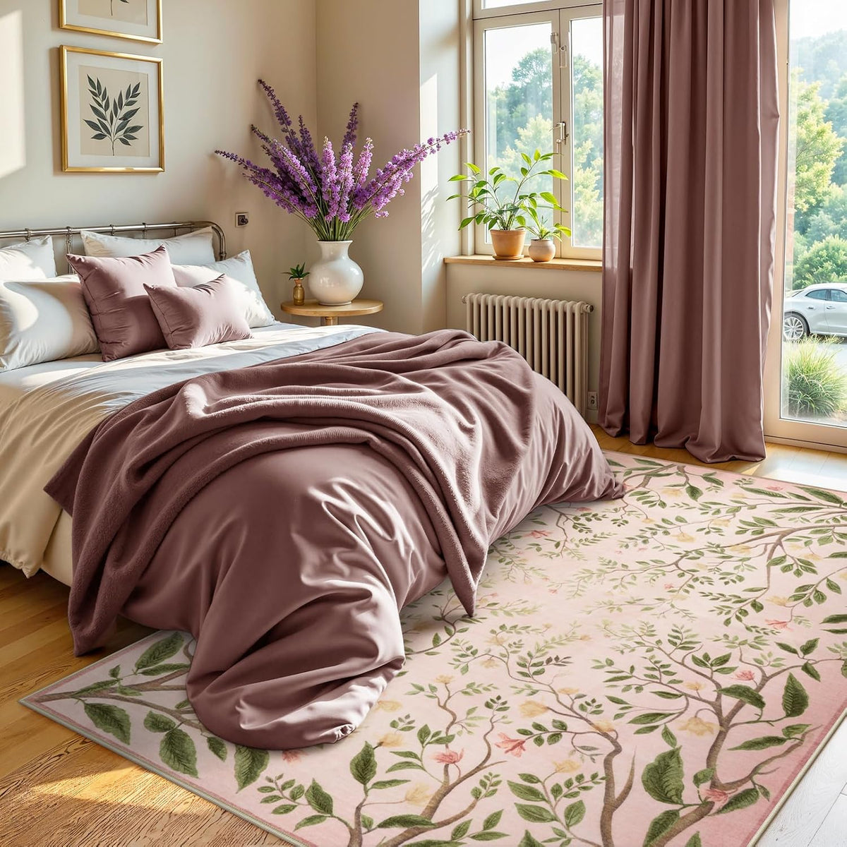 Washable Area Rugs for Living Room, 5x7 Pink Rugs for Bedroom Girls, Floral Botanical Flourishing Vines Rug Soft Non-Slip Stain Resistant Boho Carpet for Nursery Dining Room Office