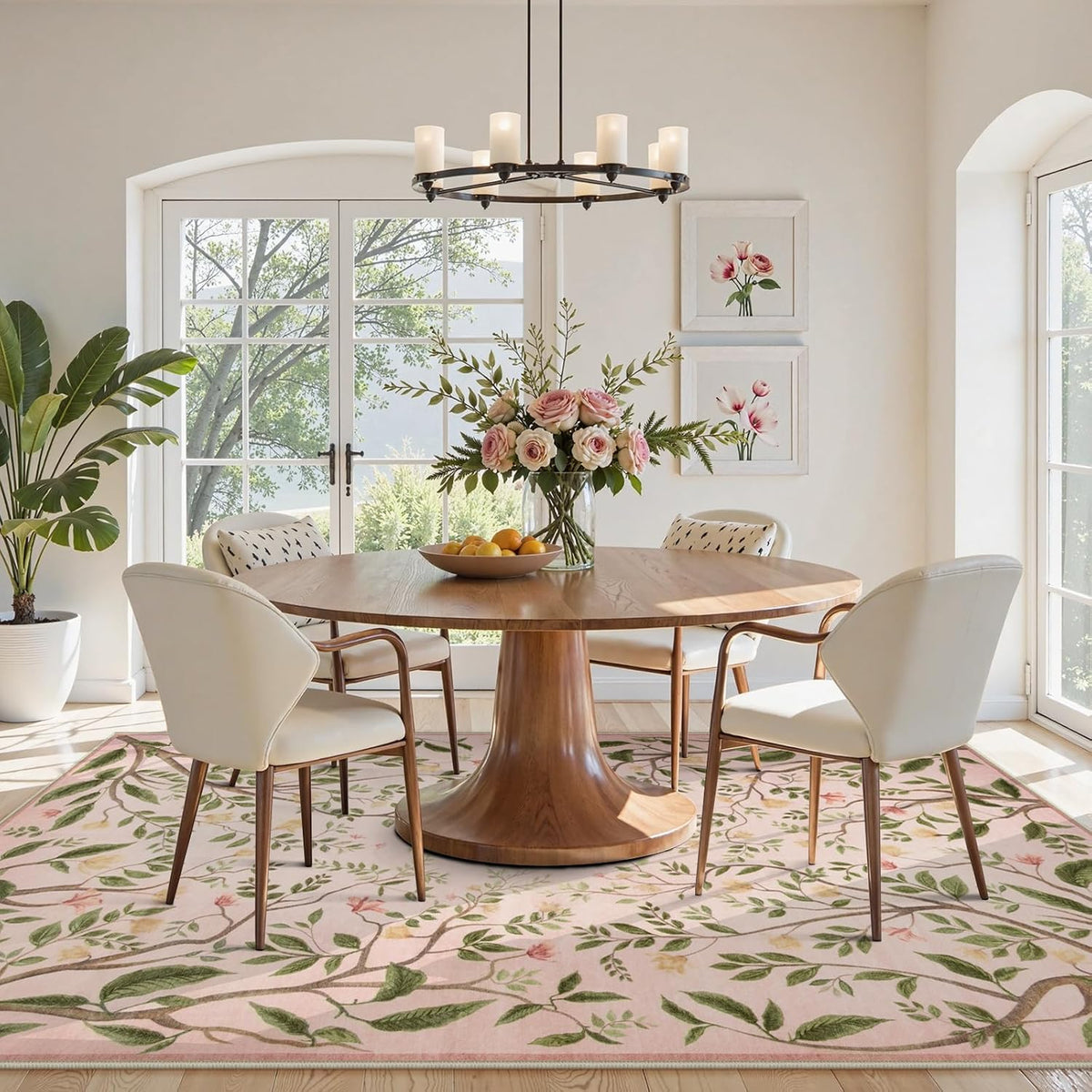 Washable Area Rugs for Living Room, 5x7 Pink Rugs for Bedroom Girls, Floral Botanical Flourishing Vines Rug Soft Non-Slip Stain Resistant Boho Carpet for Nursery Dining Room Office