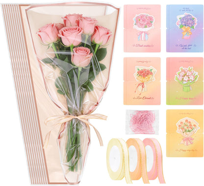 50 Pack Clear Front Flower Bouquet Sleeves with Ribbon, Card & Paper Clip, 17.1" x 11" Pink Flower Wrapping Bags, Floral Packing Sleeve for Graduation Wedding Florist Wrap Supplies