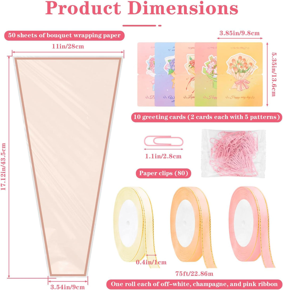 50 Pack Clear Front Flower Bouquet Sleeves with Ribbon, Card & Paper Clip, 17.1" x 11" Pink Flower Wrapping Bags, Floral Packing Sleeve for Graduation Wedding Florist Wrap Supplies