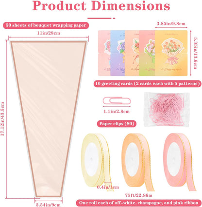 50 Pack Clear Front Flower Bouquet Sleeves with Ribbon, Card & Paper Clip, 17.1" x 11" Pink Flower Wrapping Bags, Floral Packing Sleeve for Graduation Wedding Florist Wrap Supplies