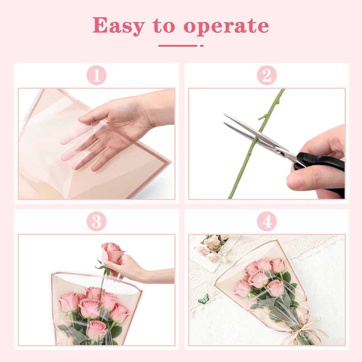 50 Pack Clear Front Flower Bouquet Sleeves with Ribbon, Card & Paper Clip, 17.1" x 11" Pink Flower Wrapping Bags, Floral Packing Sleeve for Graduation Wedding Florist Wrap Supplies
