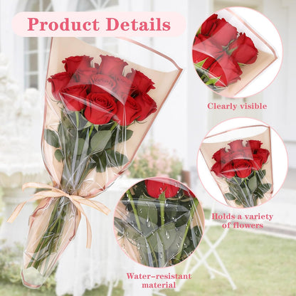50 Pack Clear Front Flower Bouquet Sleeves with Ribbon, Card & Paper Clip, 17.1" x 11" Pink Flower Wrapping Bags, Floral Packing Sleeve for Graduation Wedding Florist Wrap Supplies