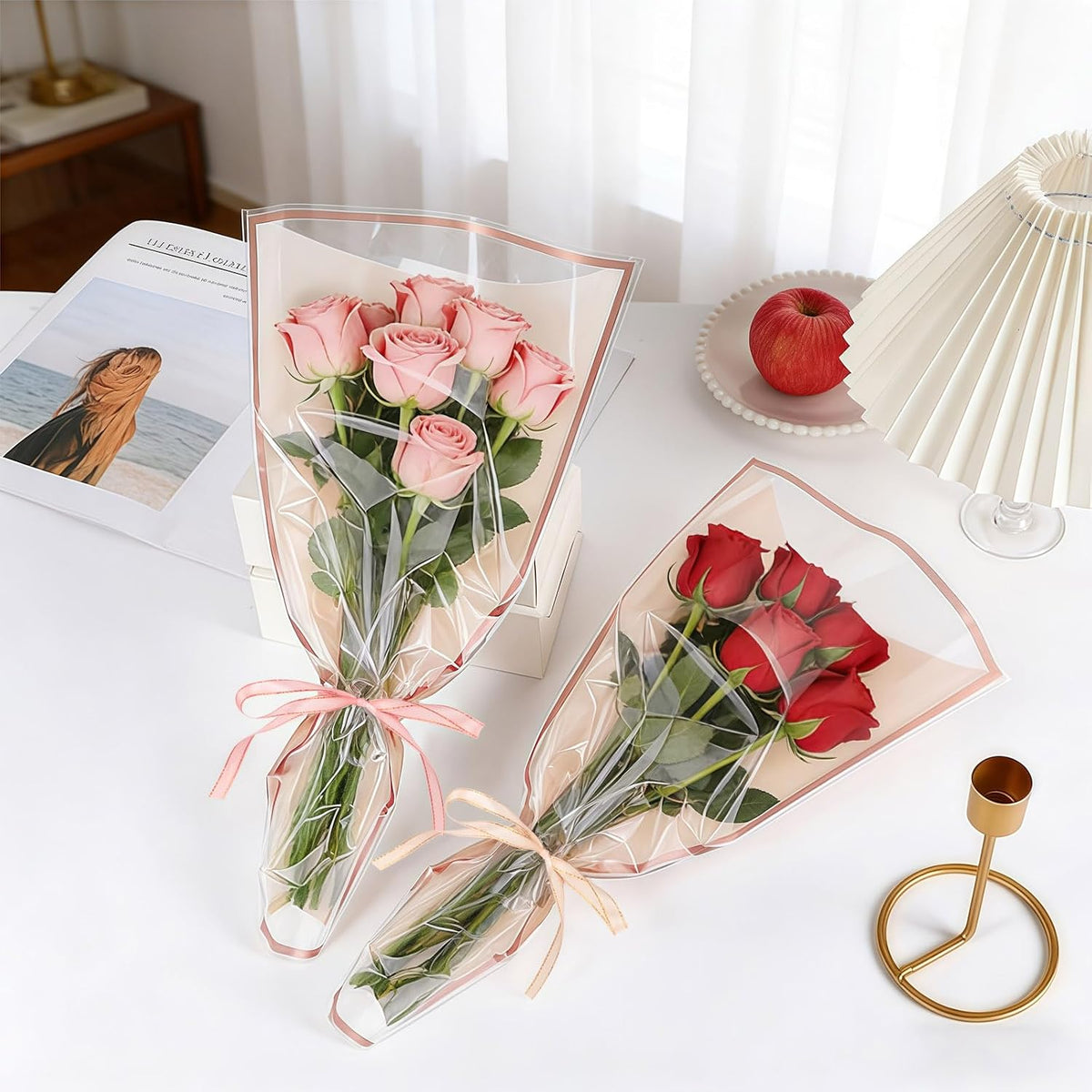 50 Pack Clear Front Flower Bouquet Sleeves with Ribbon, Card & Paper Clip, 17.1" x 11" Pink Flower Wrapping Bags, Floral Packing Sleeve for Graduation Wedding Florist Wrap Supplies