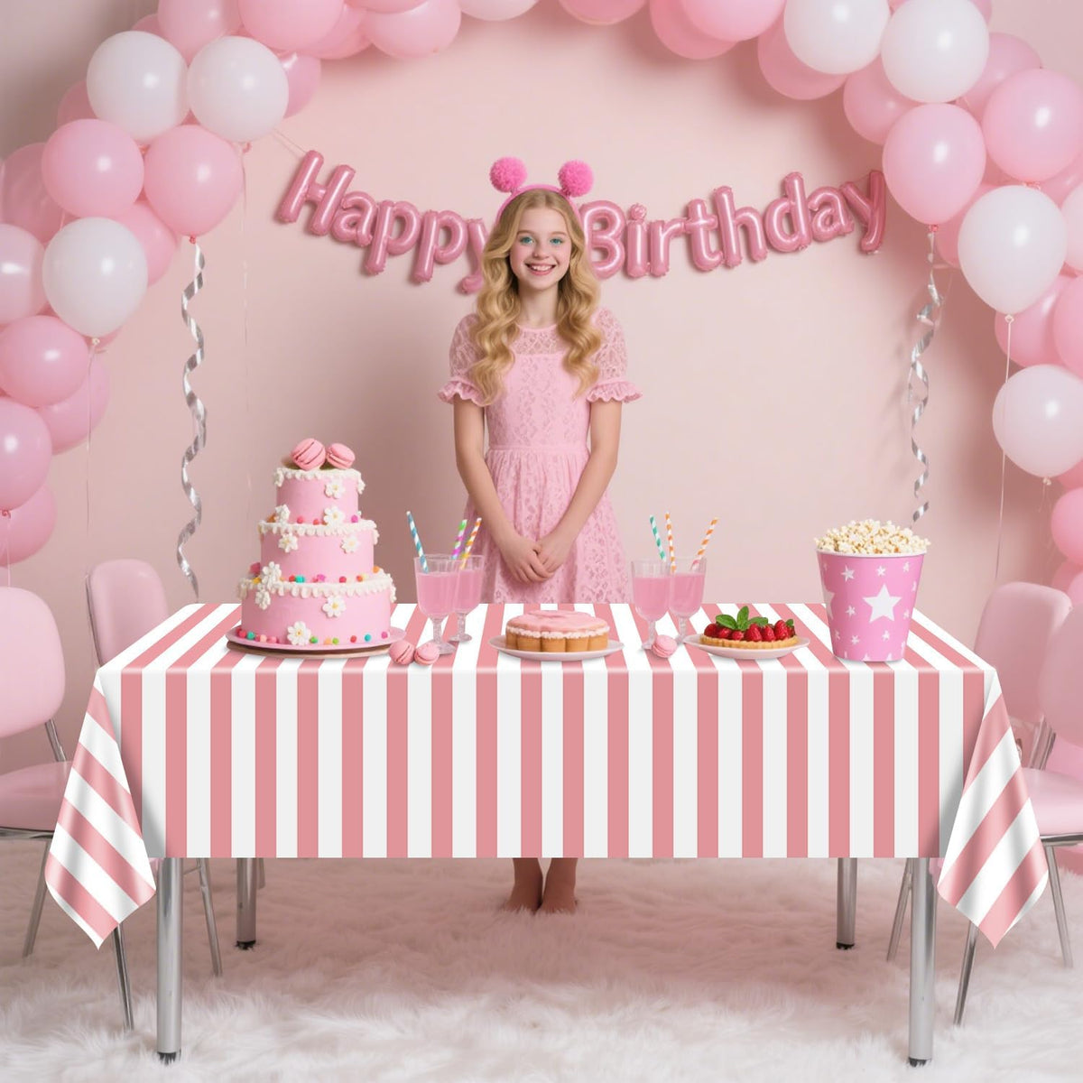 4 Pcs Pink and White Stripe Tablecloths