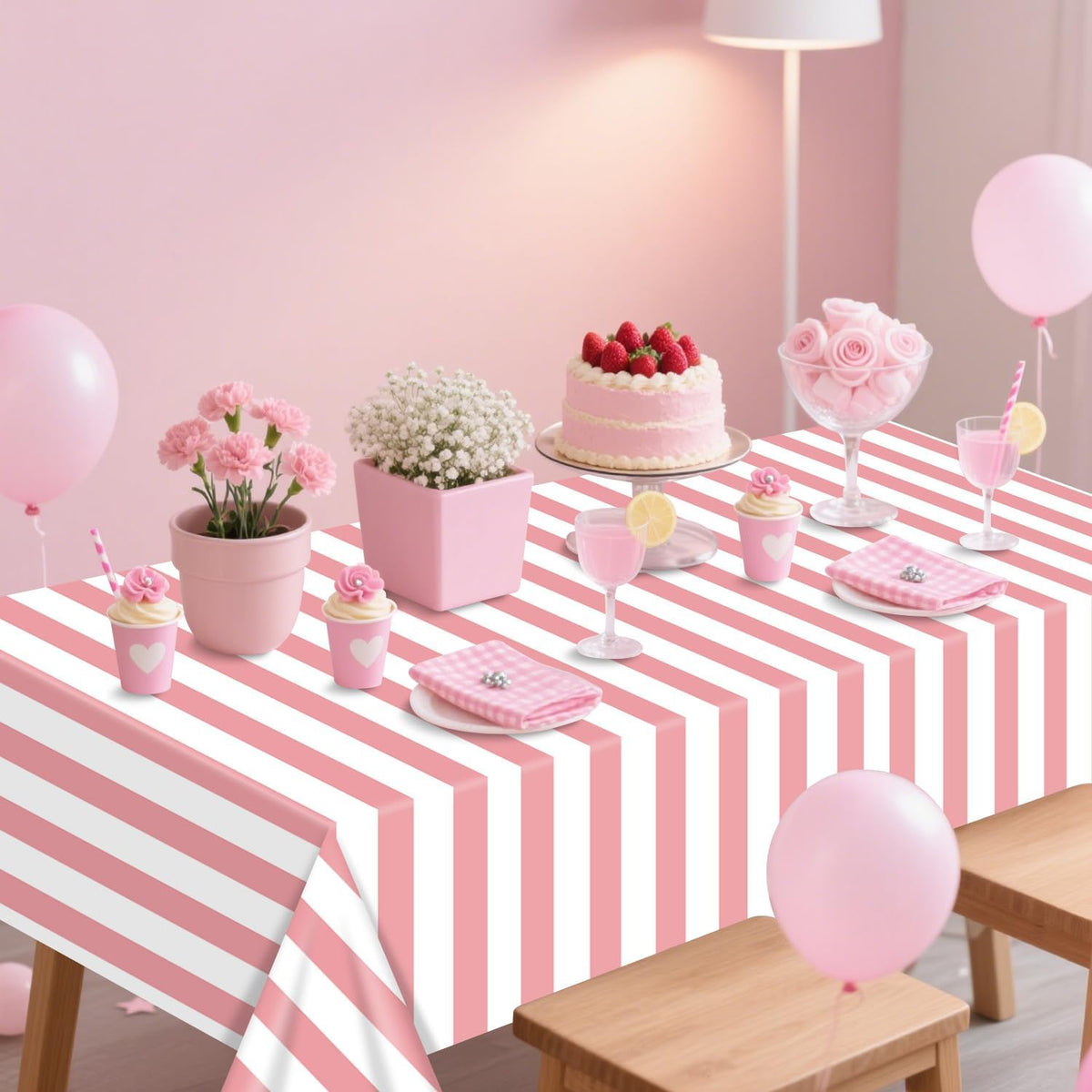 4 Pcs Pink and White Stripe Tablecloths