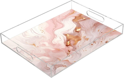 Pink Marble Acrylic Serving Tray with Handles 12 x 16 Inch, Sturdy Spill-Proof & Non-Slip Decorative Tray for Kitchen Countertop, Bathroom Vanity Organizer, Ottoman Coffee Table