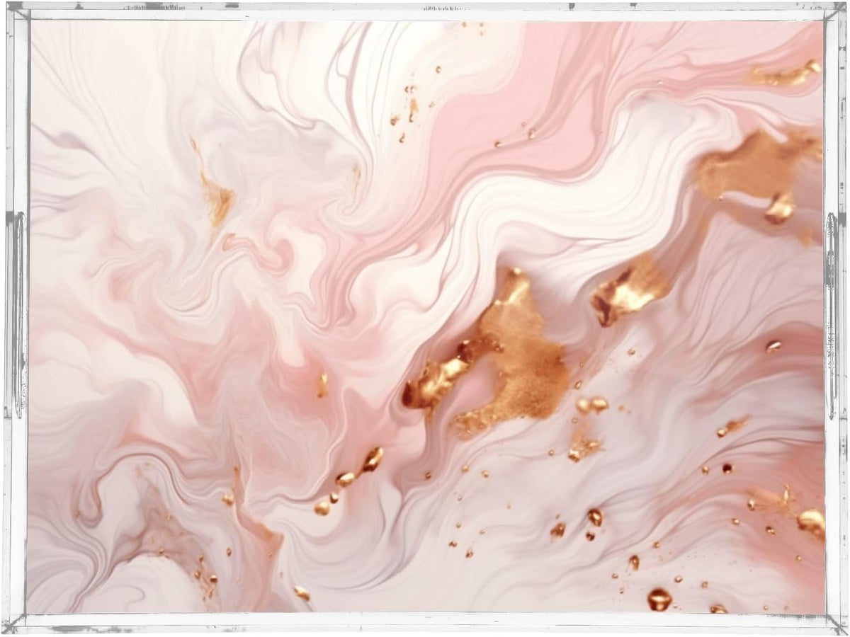 Pink Marble Acrylic Serving Tray with Handles 12 x 16 Inch, Sturdy Spill-Proof & Non-Slip Decorative Tray for Kitchen Countertop, Bathroom Vanity Organizer, Ottoman Coffee Table