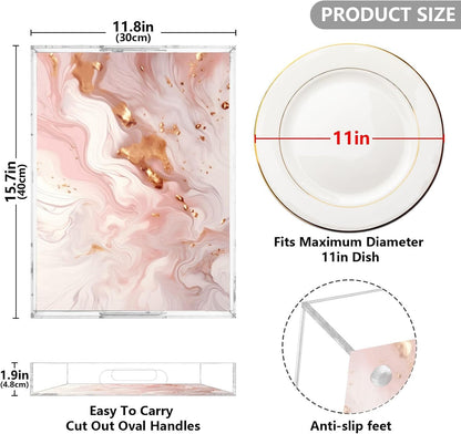 Pink Marble Acrylic Serving Tray with Handles 12 x 16 Inch, Sturdy Spill-Proof & Non-Slip Decorative Tray for Kitchen Countertop, Bathroom Vanity Organizer, Ottoman Coffee Table