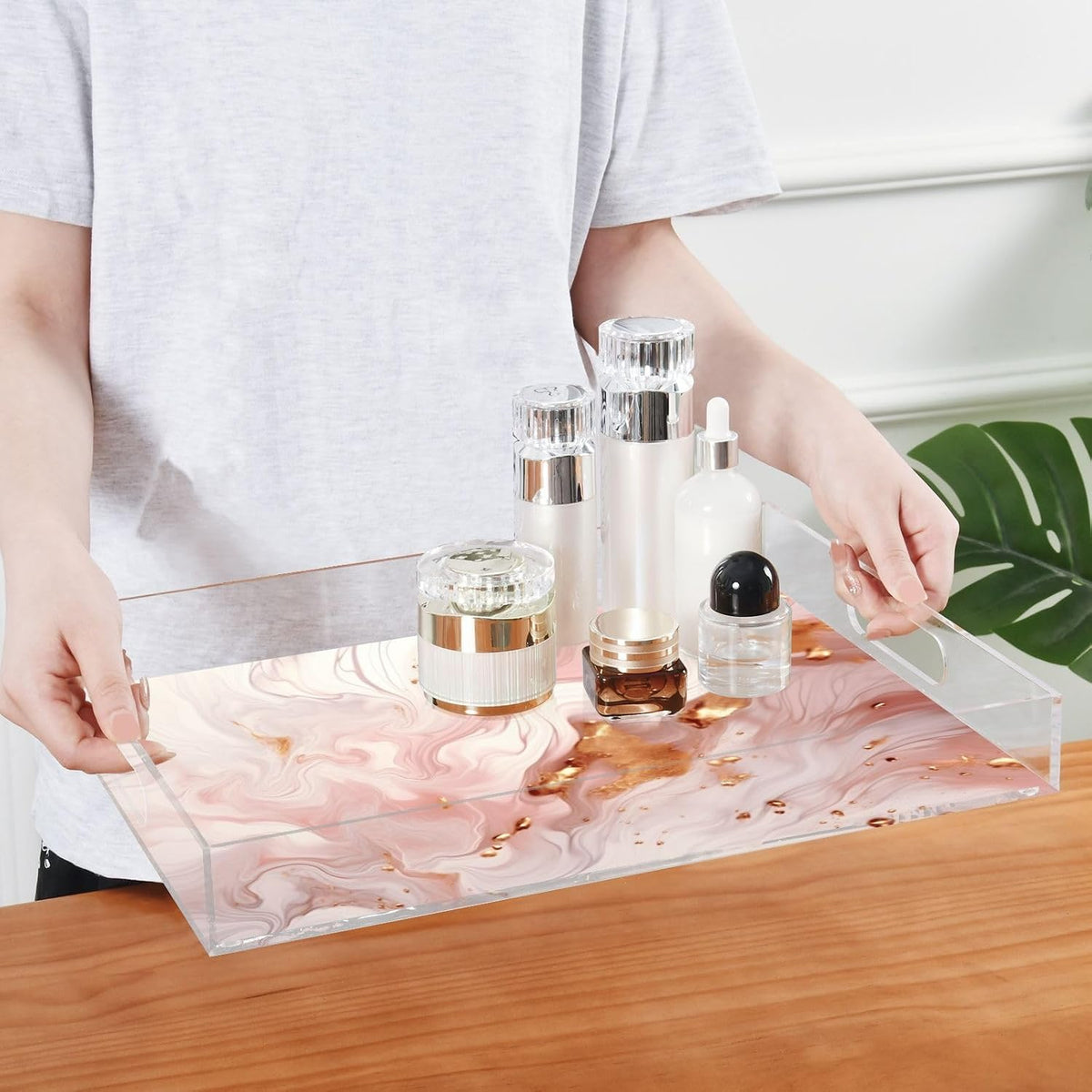 Pink Marble Acrylic Serving Tray with Handles 12 x 16 Inch, Sturdy Spill-Proof & Non-Slip Decorative Tray for Kitchen Countertop, Bathroom Vanity Organizer, Ottoman Coffee Table
