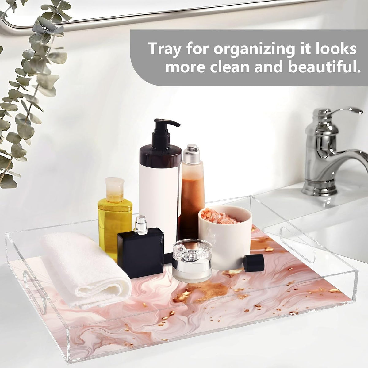Pink Marble Acrylic Serving Tray with Handles 12 x 16 Inch, Sturdy Spill-Proof & Non-Slip Decorative Tray for Kitchen Countertop, Bathroom Vanity Organizer, Ottoman Coffee Table