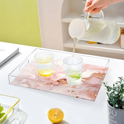Pink Marble Acrylic Serving Tray with Handles 12 x 16 Inch, Sturdy Spill-Proof & Non-Slip Decorative Tray for Kitchen Countertop, Bathroom Vanity Organizer, Ottoman Coffee Table