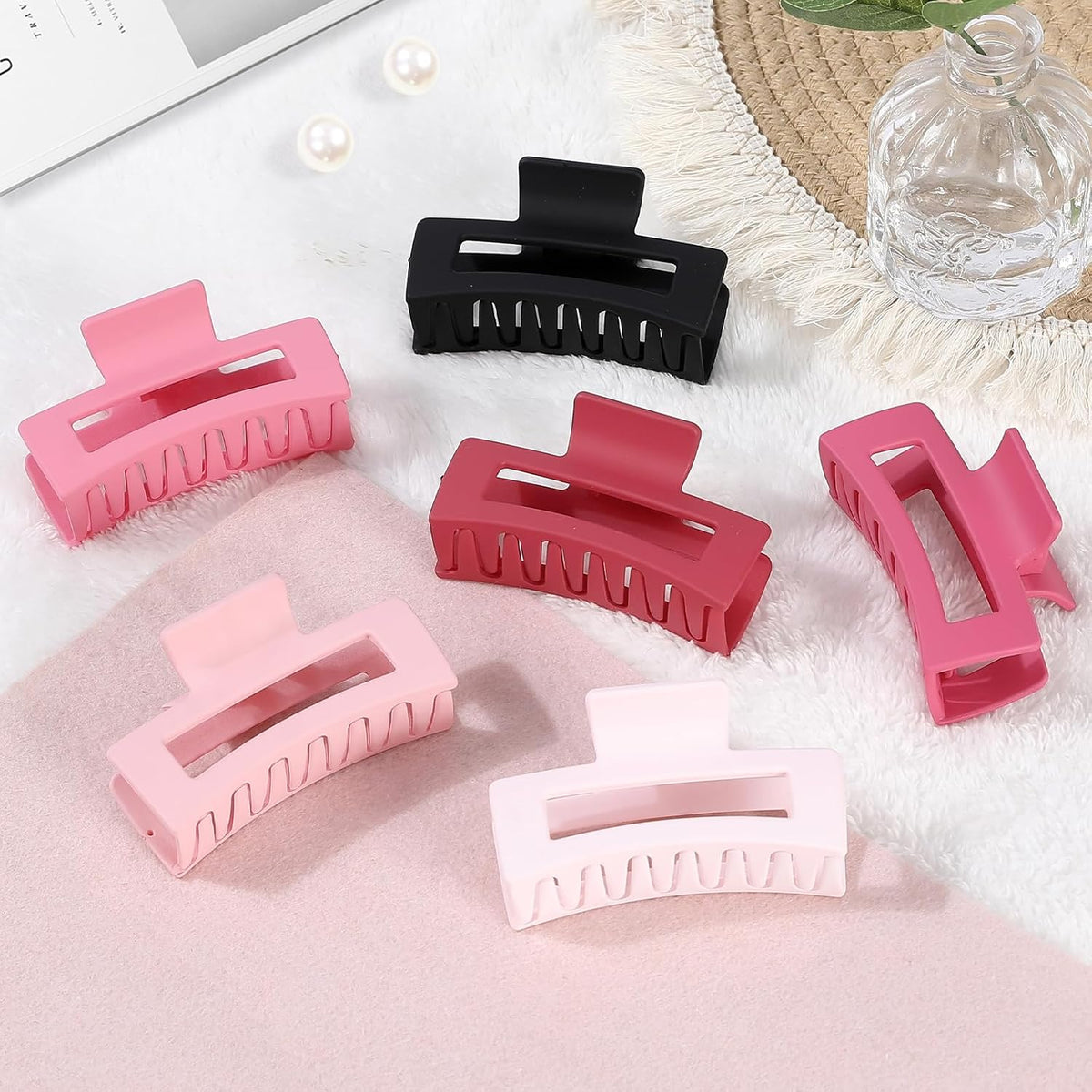 Sisiaipu 3.5 Inch Medium Hair Claw Clips 6 Pack Hair Clips for Women Square Rectangle Claw for Hair Banana Jaw Clips Hair Accessories for Girls (Pink)