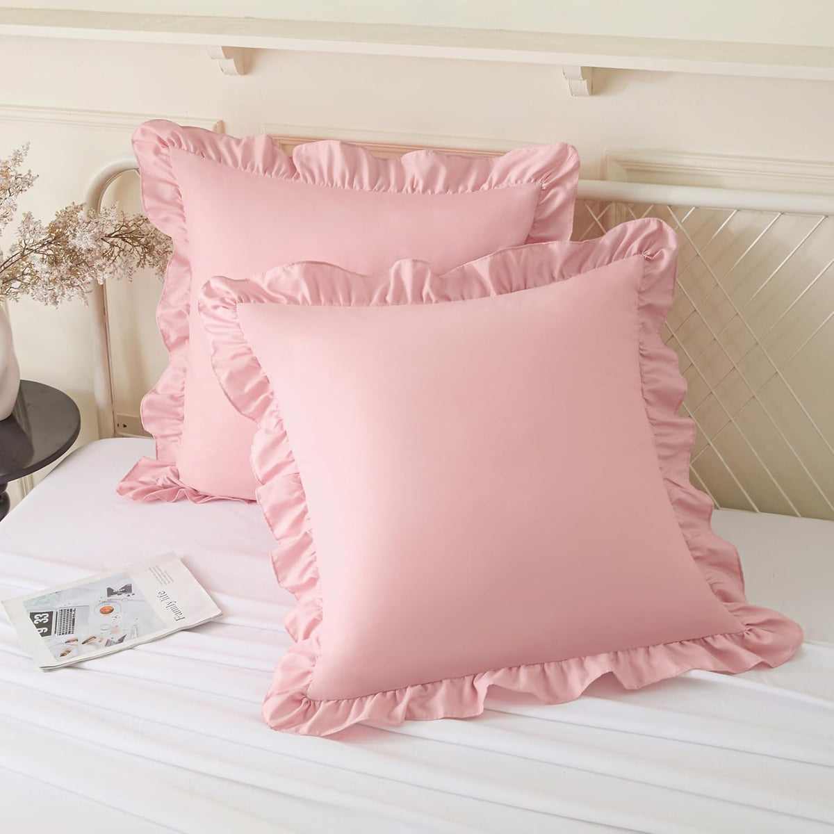 2 Pack Ruffle Pillow Cases 18x18 Inches, Light Pink