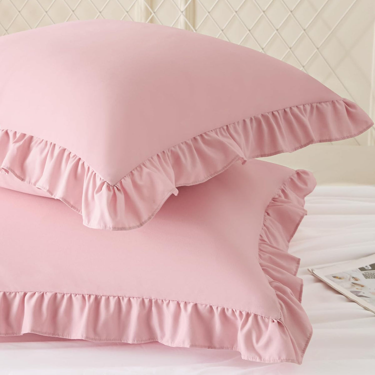 2 Pack Ruffle Pillow Cases 18x18 Inches, Light Pink