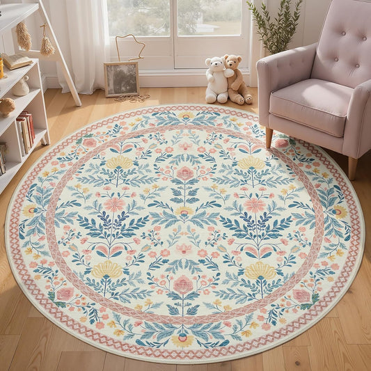 Pink Round 6ft Area Rugs for Bedroom, Washable Boho Circle Carpet