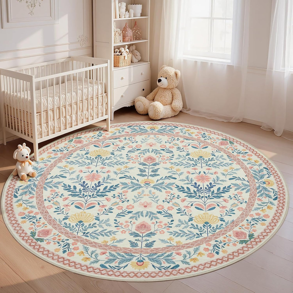 Pink Round 6ft Area Rugs for Bedroom, Washable Boho Circle Carpet