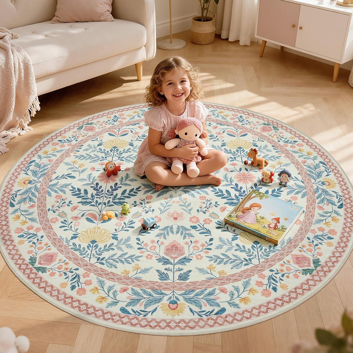 Pink Round 6ft Area Rugs for Bedroom, Washable Boho Circle Carpet
