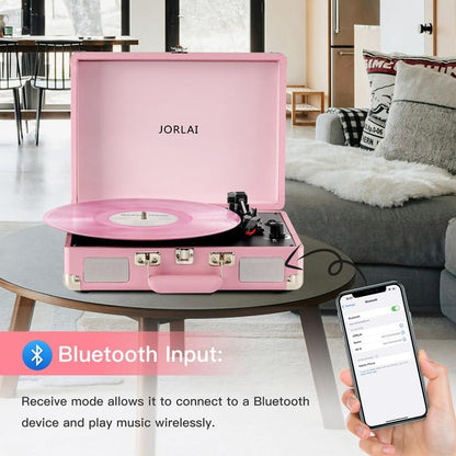 Pink Vinyl Record Player 3 Speeds Portable Suitcase Turntable with Built-in Dual Speakers, Bluetooth Gramophone with Built-in Battery 3.5mm Aux Input/RCA Output
