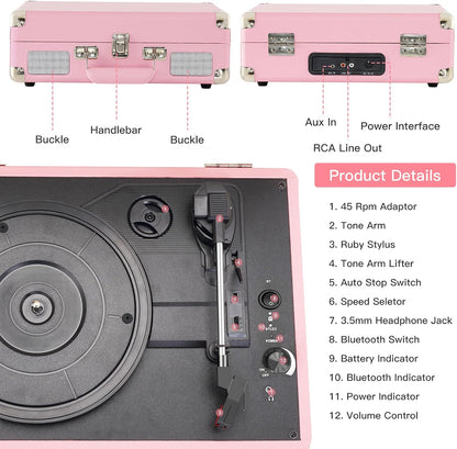 Pink Vinyl Record Player 3 Speeds Portable Suitcase Turntable with Built-in Dual Speakers, Bluetooth Gramophone with Built-in Battery 3.5mm Aux Input/RCA Output