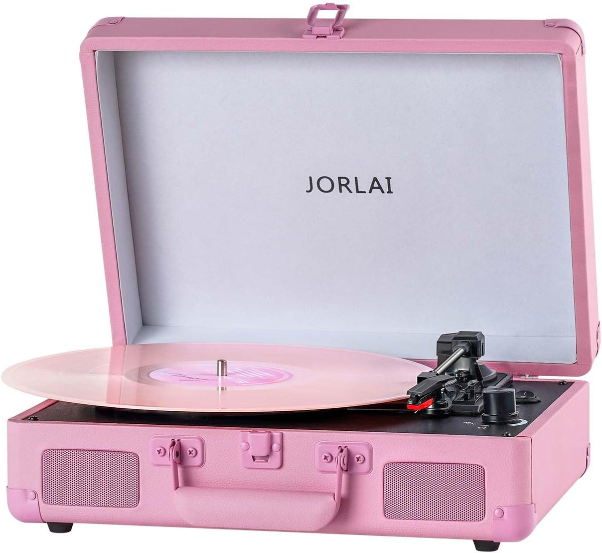Pink Vinyl Record Player 3 Speeds Portable Suitcase Turntable with Built-in Dual Speakers, Bluetooth Gramophone with Built-in Battery 3.5mm Aux Input/RCA Output